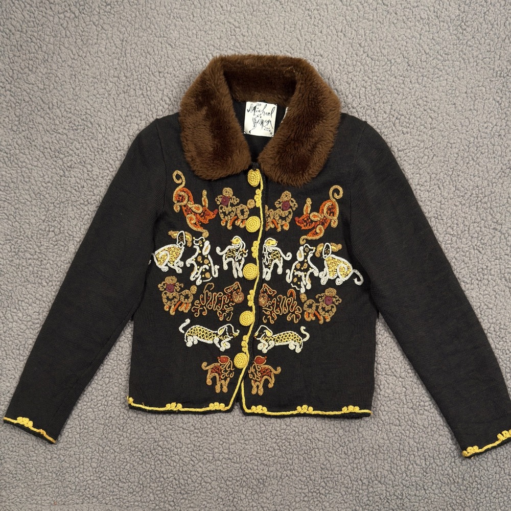 Vintage Michael Simon 1997 Dog Embroidered Cardigan Faux Fur Collar Black Medium
